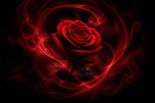 Red rose surrounded by wispy smoke on black background