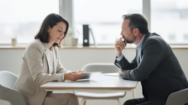 Medium shot of a small business advisor explaining group health insurance options to a focused business owner in a modern office setting with blurred background.