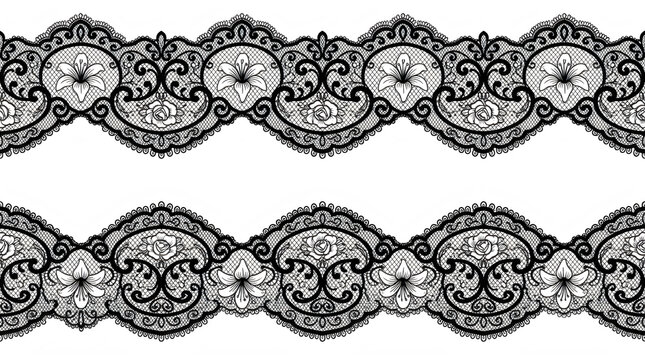 black and silver ornate floral lace border set with intricate embroidery pattern for luxury wedding invitation and elegant fashion design isolated on transparent background