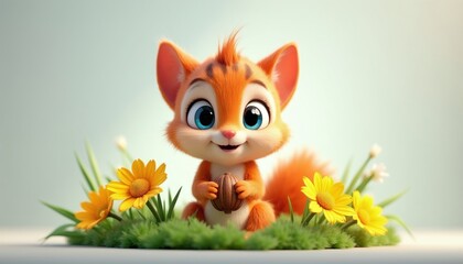 Fototapeta premium Cute cartoon fox cub sits holding acorn. Small fluffy animal with big blue eyes and orange fur among green grass and yellow flowers. Whimsical forest creature with bushy tail smiles joyfully.