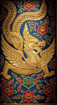 Exquisite traditional wall art featuring golden mythical creatures and ornate floral motifs painted on a weathered ancient temple surface, illustration, design, painting