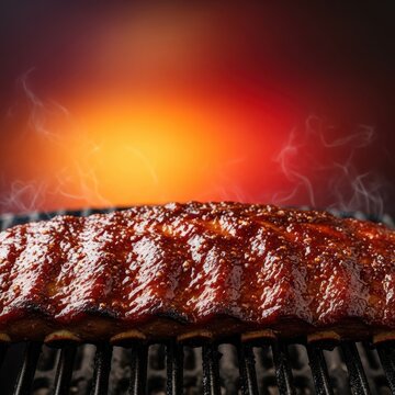 Juicy, slow-cooked ribs coated in thick, rich barbecue glaze, sizzling hot on the grate, representing the perfect culmination of outdoor grilling season, lunch, glaze, outdoor