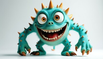 Fototapeta premium Funny cartoon monster with turquoise fuzzy skin and orange spikes. Creature has big googly eyes and wide open mouth showing many teeth. Character poses on white studio background.