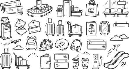Airport terminal infrastructure and travel tourism line art doodle set featuring luggage baggage carousel boarding tickets security check and airport amenities © Kulsum