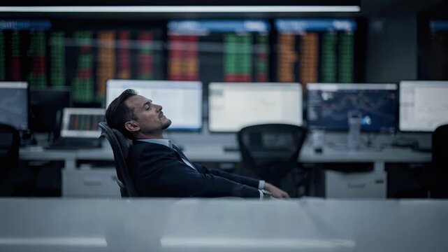 Focused portrait of a relaxed trader watching final earnings reports surrounded by softly blurred empty desks and dimmed market tickers after trading hours.