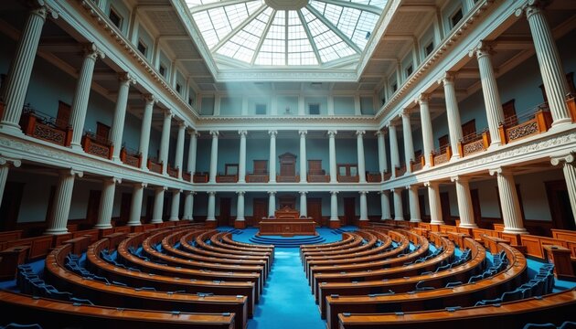 Wide empty government parliament hall features circular rows of wooden desks, blue carpet. Ornate interior with high pillars, glass dome ceiling receives natural daylight. Classic architecture venue