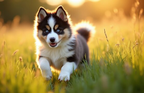 Pomsky puppy with blue eyes runs in green grass field during sunset. Small dog has black white brown fur. Cute animal plays outdoors. Canine enjoys nature light.