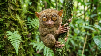 Fototapeta premium Close-up of a Tarsier Monkey with Large Eyes in a Lush Green Forest.