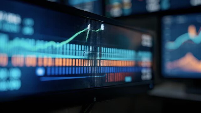 Medium shot capturing a vibrant market news ticker streaming realtime financial quotes and volatility alerts with the adjacent screens softly blurred.