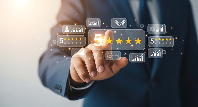 Businessman Touching 5-Star Rating Icons in Digital Interface