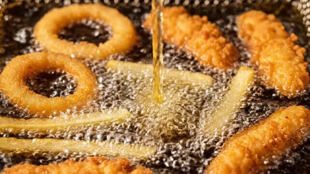 Close Up of Onion Rings and Fries Deep Frying in Hot Oil