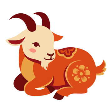 Cute Chinese Zodiac Goat with Floral Ornament Vector