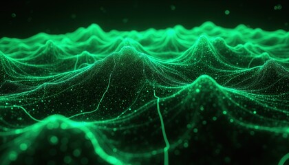 Naklejka premium Green digital landscape shows holographic terrain mesh with glowing particle mountain peaks. Abstract futuristic topography interface visualizes geometric data surface. Sci-fi neon grid environment