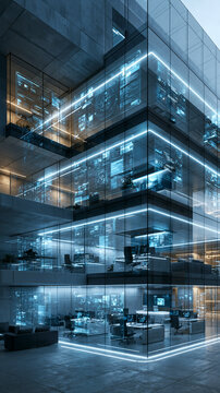Advanced AI managing future company, high-tech office building with data screens showing digital transformation strategy