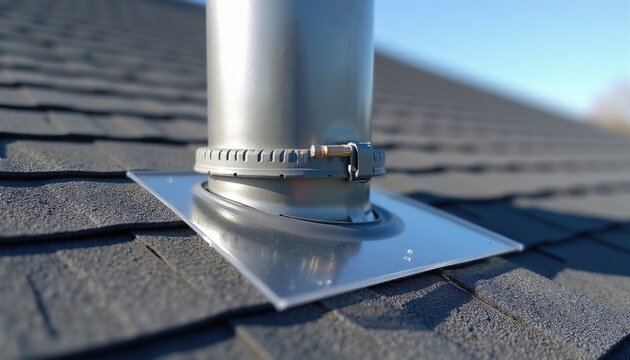 Metal vent pipe extends from dark grey asphalt shingle roof. Clear plastic flashing surrounds base for waterproof seal with stainless hose clamp. Residential building exterior detail shows