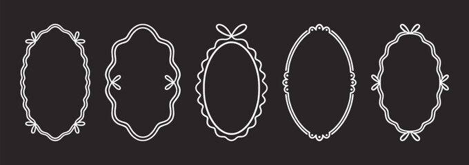 Fototapeta premium Frames set with white hand drawn ribbons and bows, black background. Crayon oval borders in coquette style, scalloped edge. Decorative outline graphic elements, perfect for wedding cards.