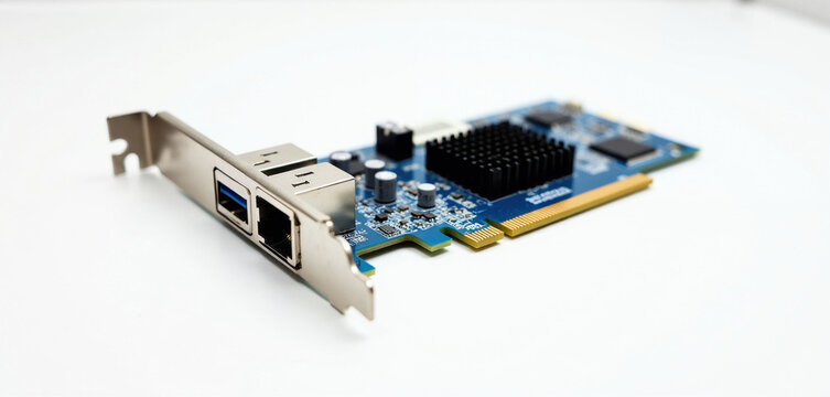Blue circuit board ethernet network card isolated on white background. Pc hardware adapter module for internet connectivity. Electronic equipment part with copper pins, metal ports. Digital