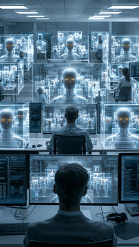 Human supervisor managing a vast network of digital avatars and artificial intelligence systems in a futuristic data office