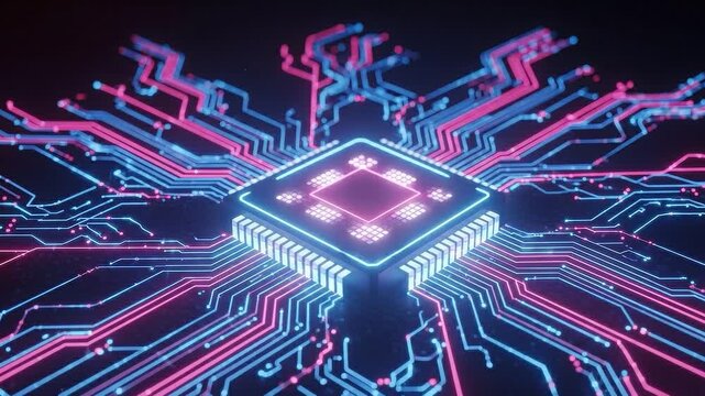 Futuristic computer processor chip with glowing circuit lines