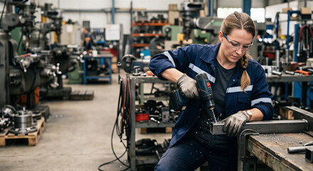 Obraz premium Female Factory Technician Operating Industrial Machinery