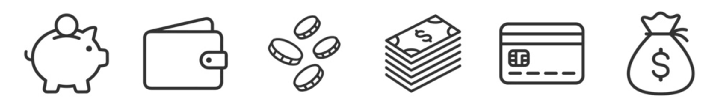 set of financial icons including piggy bank, wallet, coins, cash stack, credit card, money bag line art on transparent background