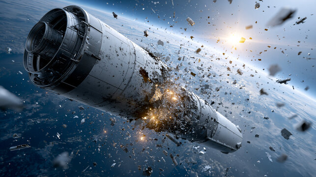 Rocket upper stage destroying in Earth orbit, creating dangerous space debris and orbital pollution problem