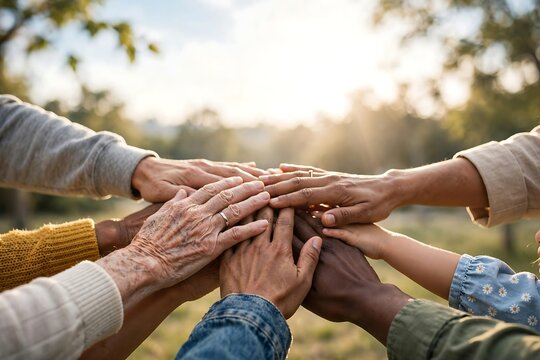 Jul 18 - Nelson Mandela International Day concept, Diverse group of people stacking their hands together in a powerful show of unity and collaboration during a bright and sunny day in the park