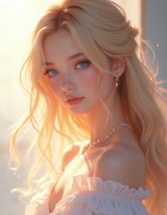 Fototapeta premium Beautiful young woman with blonde hair, blue eyes looking at camera. Fashion model posing for portrait shot with soft light. Elegant girl wearing white dress jewelry accessories in studio