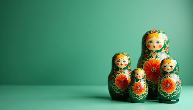 Set of green wooden matryoshka dolls standing on smooth surface against soft solid background. Traditional Russian nesting toys feature intricate floral patterns, hand painted faces. Decorative folk