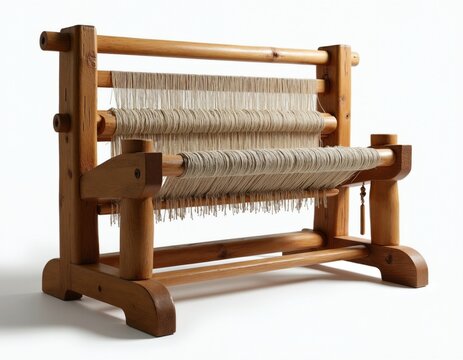 Rustic wooden weaving loom with beige textile on white background. Old fashioned craft tool for fabric creation. Traditional equipment with brown wood frame, wound thread. Vintage artifact for