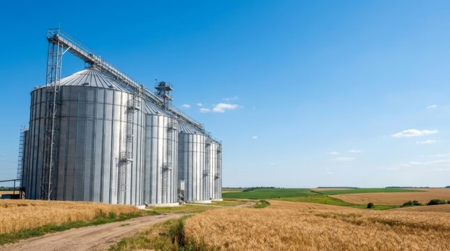 Modern grain elevator silos in a vast golden wheat field under a clear blue sky, symbolizing agricultural abundance and industry