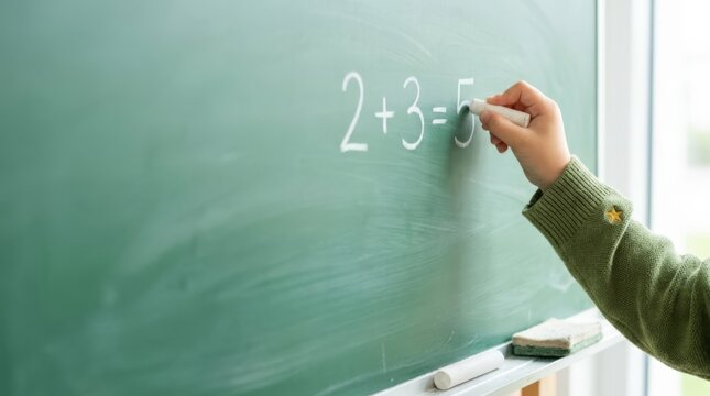 Child's hand writing 2+3=5 on a green chalkboard, close-up of learning math in an elementary classroom