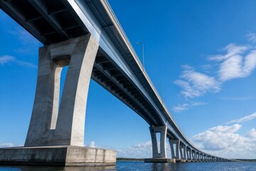 Naklejka premium Concrete bridge spanning water photographed from low angle over bay