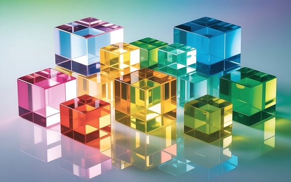 Collection of Vibrant Transparent Glass Cubes Reflecting Light on a Polished Surface