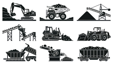 Fototapeta premium including coal excavator loaded haul truck coal stockpile conveyor transfer station dozer pushing coal wheel loader loading coal dump hopper crushing station and coal train wagon.