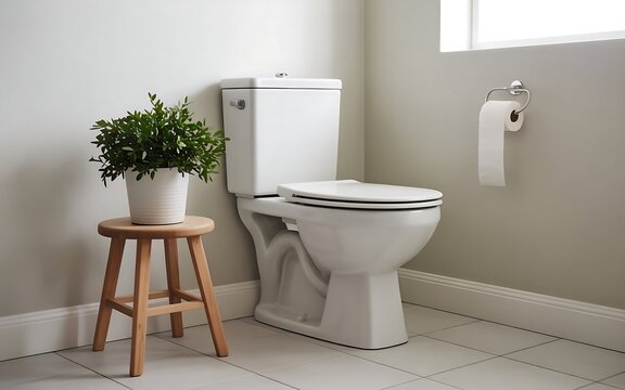 Modern Minimalist Bathroom Interior Featuring a Clean White Toilet and Potted Green Plant
