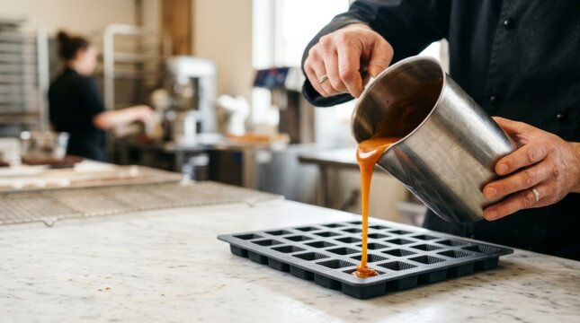 Artisan hands pour warm caramel into silicone mold for gourmet chocolates in a professional confectionery workshop