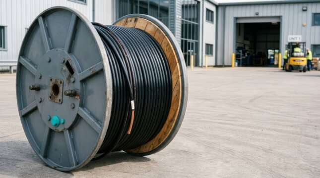 Massive industrial cable reel with black copper wire on concrete lot, perfect for construction and manufacturing themes with copy space