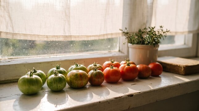 Fresh tomatoes of various ripening stages arranged on a bright windowsill