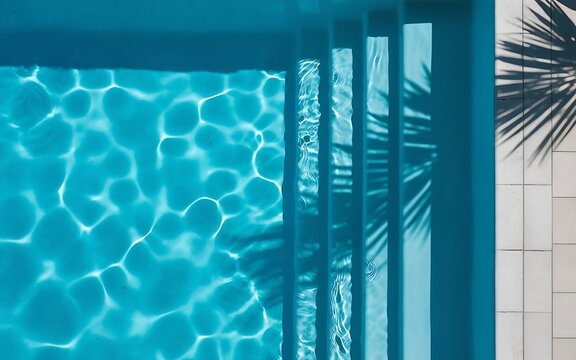 Top View of a Refreshing Swimming Pool with Palm Leaf Shadows and Bright Tiled Steps for Summer