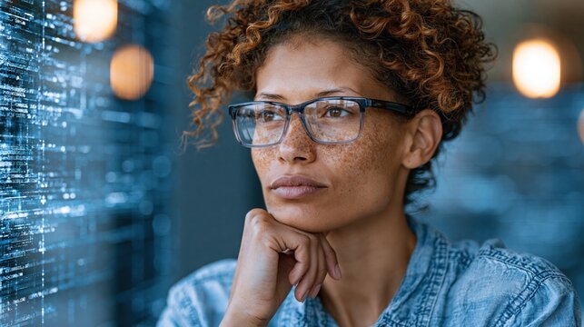 Futuristic software and hardware , coding hologram, serious concentrated attractive woman thinking about data analytics, digital technology. Programmer programming cybersecurity research and IT 	
