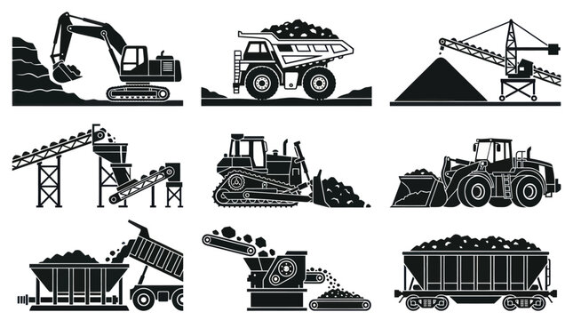 including coal excavator  loaded haul truck  coal stockpile  conveyor transfer station  dozer pushing coal  wheel loader loading coal  dump hopper  crushing station  and coal train wagon.