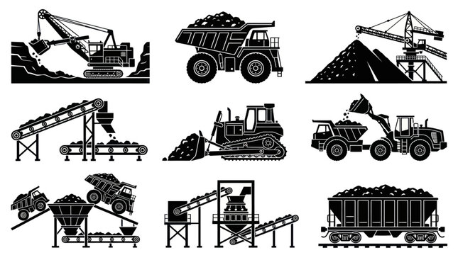 including coal excavator  loaded haul truck  coal stockpile  conveyor transfer station  dozer pushing coal  wheel loader loading coal  dump hopper  crushing station  and coal train wagon.