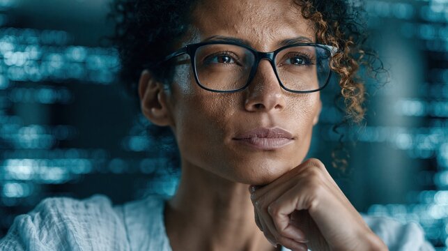 Futuristic software and hardware , coding hologram, serious concentrated attractive woman thinking about data analytics, digital technology. Programmer programming cybersecurity research and IT 	

