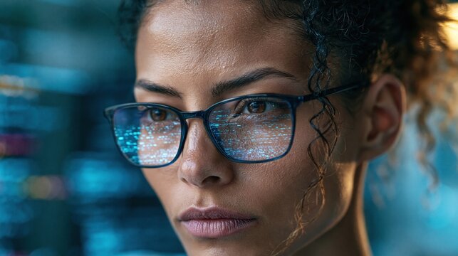 Futuristic software and hardware , coding hologram, serious concentrated attractive woman thinking about data analytics, digital technology. Programmer programming cybersecurity research and IT 	
