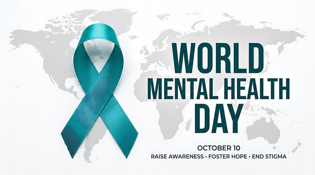 World mental health day awareness ribbon with global map background