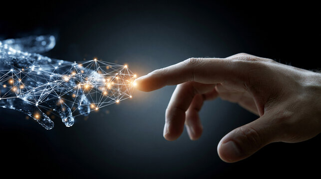 Human hand touching digital AI hand connecting data network, symbolizing future collaboration and technological integration