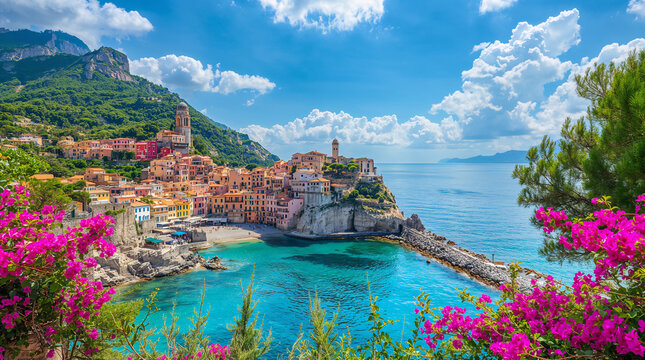 Stunning Panoramic View of Amalfi Coast Village with Colorful Houses, Pink Bougainvillea and Turquoise Mediterranean Sea in Italy