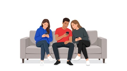 Fototapeta premium Multiethnic family sitting together on a sofa. Diverse group of people relaxing at home in casual clothing. Happy parents and child bonding indoors.