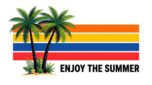 Tropical summer vacation poster with palm trees and rainbow. Vibrant beach holiday design featuring bright colors and sunny skies. Eye-catching sea...